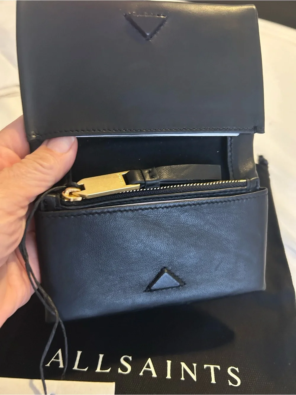 All Saints Black Leather Foldover Wallet with Wrist Strap NWT and storage pouch